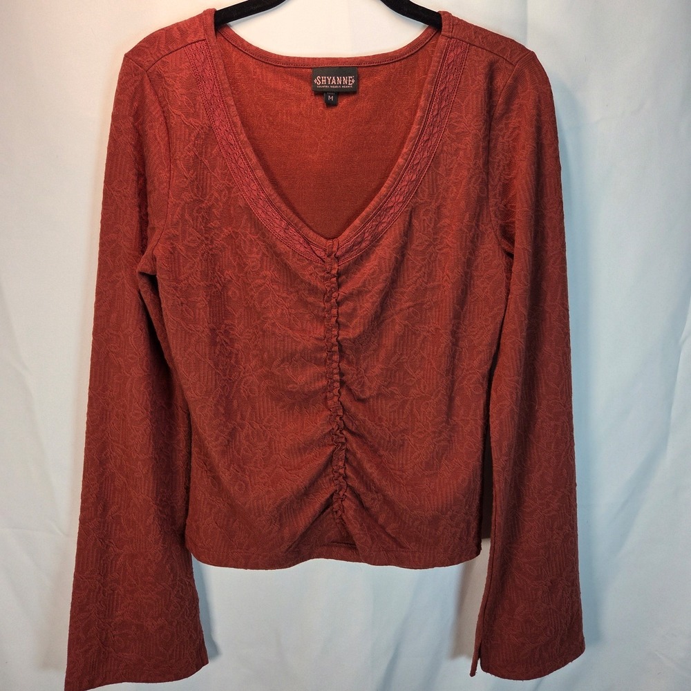 Shyanne Womens LS V Neck Rouching Front Red Blouse‎ Size Medium Boho Western